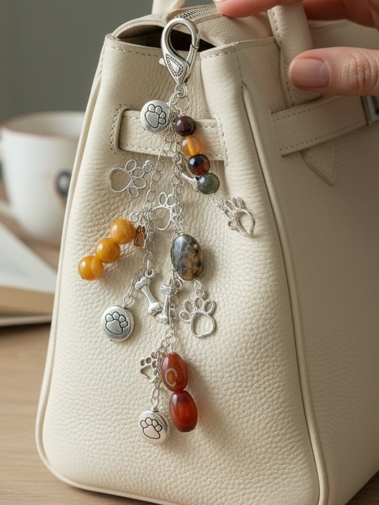Hand Crafted Handbags - HAND CRAFTED DOG LOVER PAW PRINT CHARM KEYCHAIN Silver Chains & Earthtone Beads